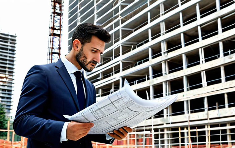 **
A professional architect in a modern, fully clothed business suit, reviewing blueprints at a construction site in Milan, Italy. Background shows a partially completed contemporary building with scaffolding. Safe for work, appropriate content, perfect anatomy, natural proportions, professional, modest clothing, family-friendly.
**